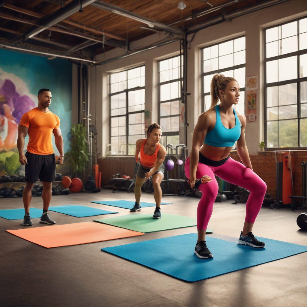 A dynamic fitness scene showcasing diverse individuals engaged in muscle-building exercises, set against a backdrop of an inspiring community atmosphere. Include elements of strength training equipment, healthy lifestyle choices like nutritious foods, and hints of sexual health literature. The environment should radiate positive energy, promoting camaraderie and support among fitness enthusiasts. Use vibrant colors to convey vitality and motivation. super-realistic. vibrant colors. 3D.