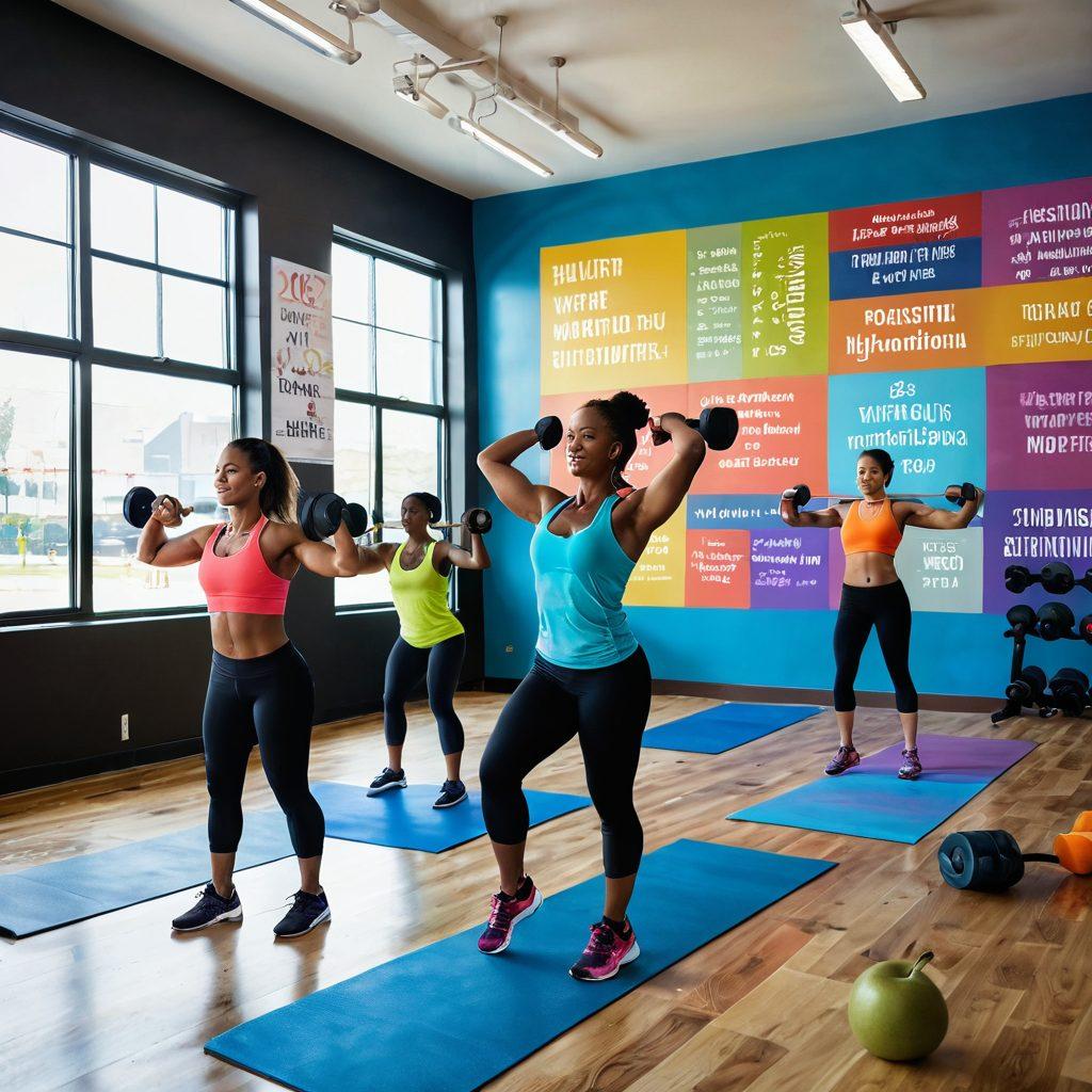 A dynamic scene depicting a diverse group of individuals engaged in various fitness activities, such as weightlifting, yoga, and running, in a bright, uplifting gym environment. The background features motivational quotes on the walls and modern fitness equipment, while fresh fruits and water bottles are placed nearby to symbolize health improvement. The image radiates energy and positivity, showcasing community spirit and determination. super-realistic. vibrant colors. 3D.